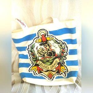 Ed Hardy Blue and White Striped Tote Bag